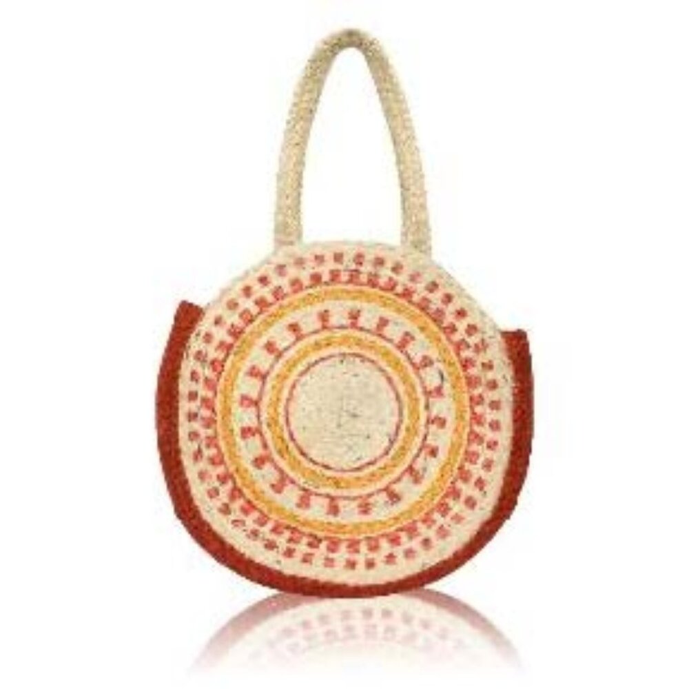 Orange Red Yellow Patterned Round Pure Jute Tote For Women